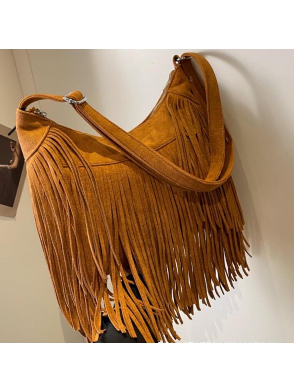 Vintage Suede Fringe Hobo Tote Bag | Boho Chic Crossbody Purse for Women - Picture 3 of 8
